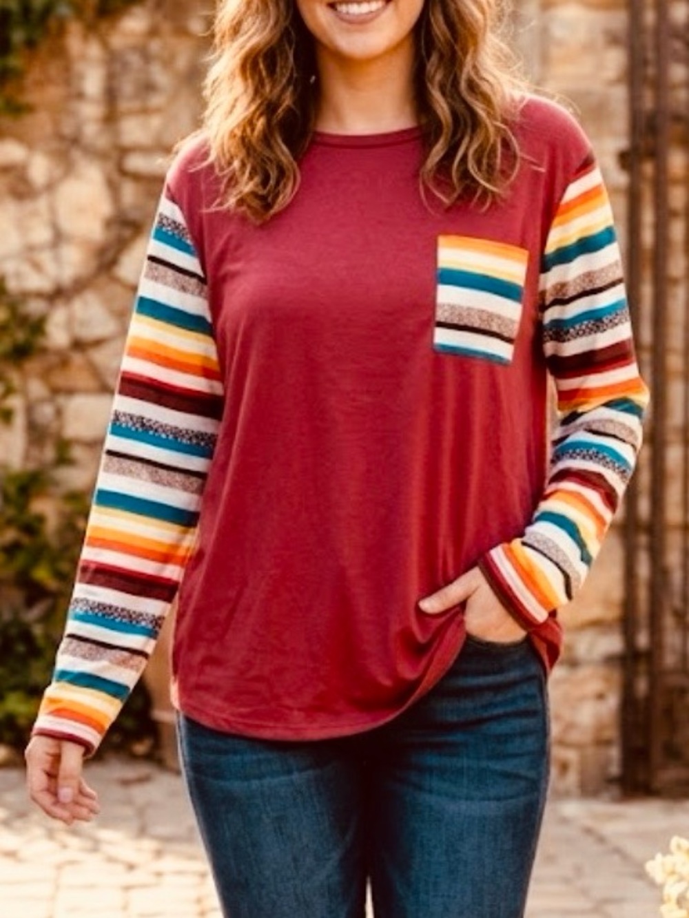 Striped-Sleeve‎ Pocket Pullover Hoodie - Burgundy